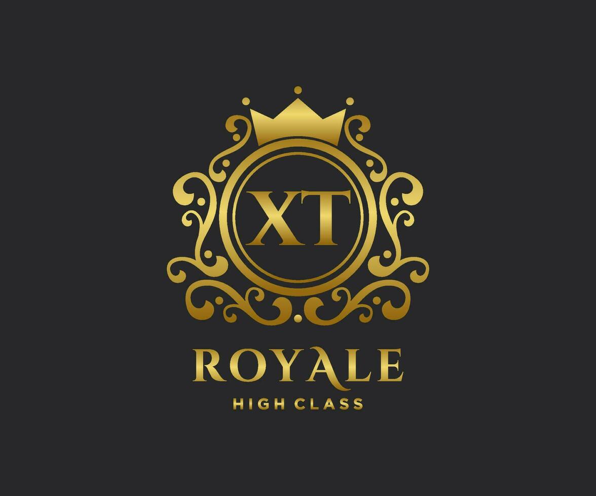 Golden Letter XT template logo Luxury gold letter with crown. Monogram alphabet . Beautiful royal initials letter. vector