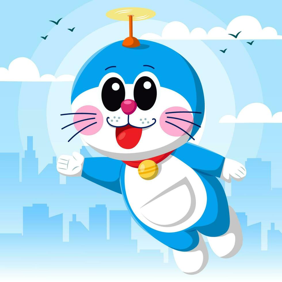 Cute Blue Cat Flying Over The City vector