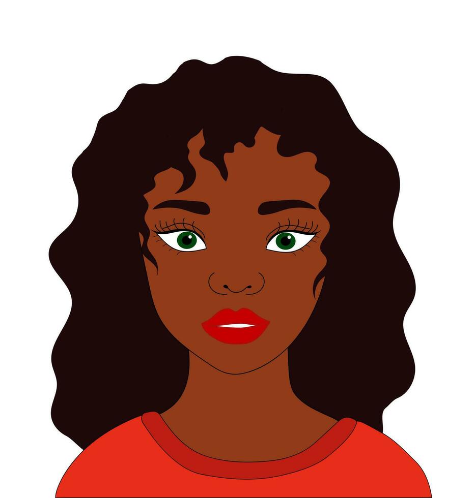 negro joven mujer. vector ilustración de un negro niña con Rizado largo pelo y verde ojos. póster, tarjeta postal, avatar, icono.