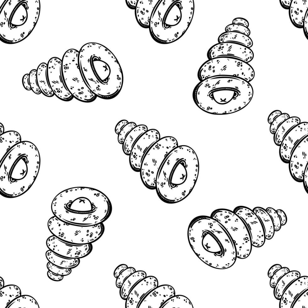 Sausage in dough seamless vector pattern. Delicious fast food, fresh pastries. Rolled up bun with meat filling, street snack. Sketch, line art. Black and white background for packaging, menu, web