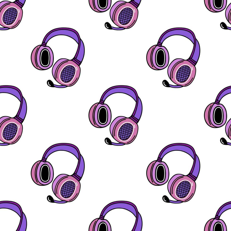 Headphones seamless vector pattern. Modern gadget for games, music, DJ, streaming, blogging, podcast. Pink device with a microphone, headset. Flat cartoon background for posters, packaging, web