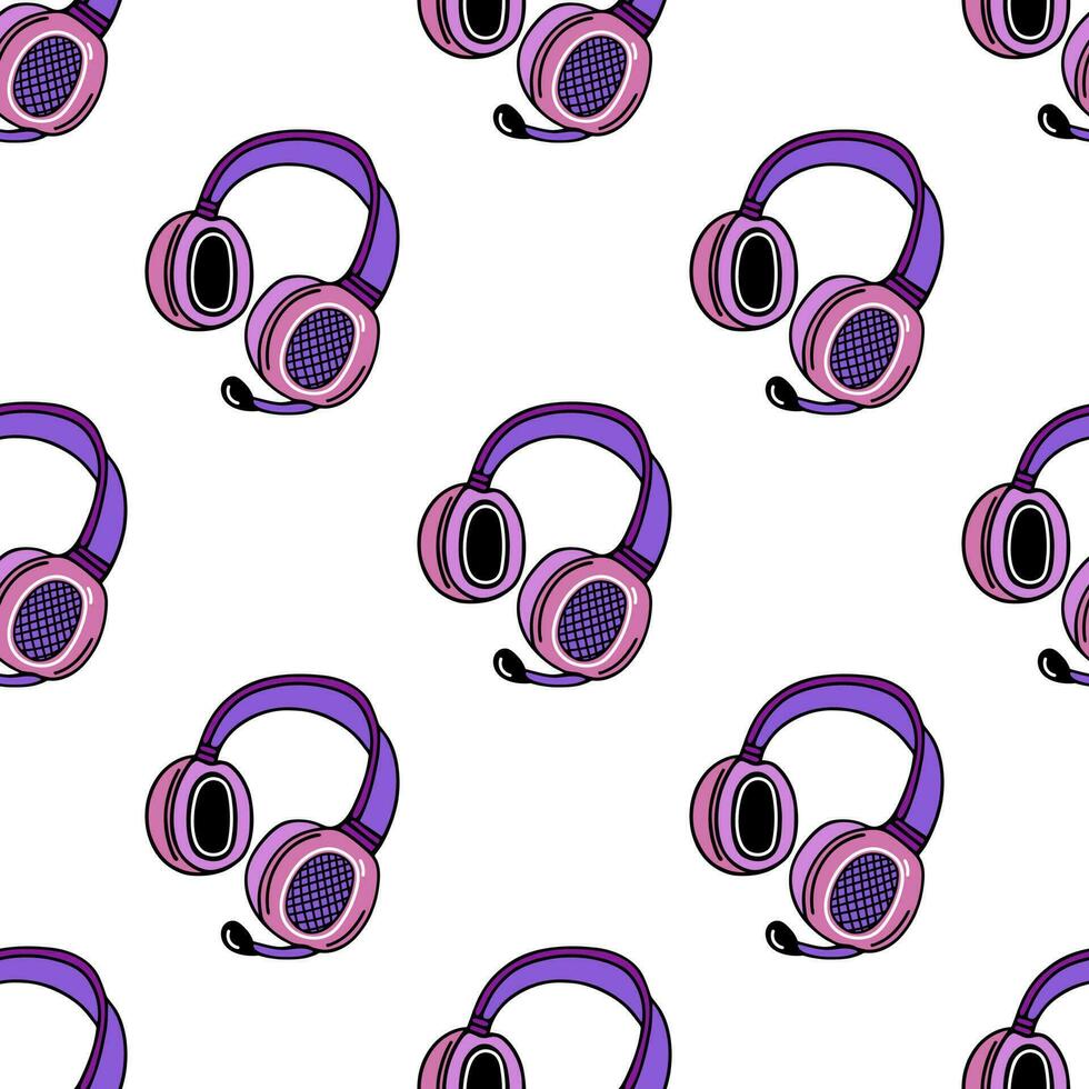 Headphones seamless vector pattern. Modern gadget for games, music, DJ, streaming, blogging, podcast. Pink device with a microphone, headset. Flat cartoon background for posters, packaging, web