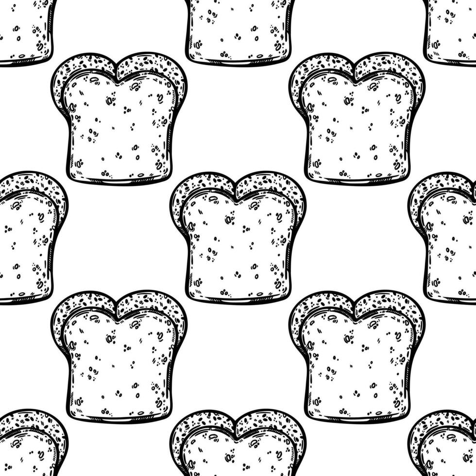Bread brioche seamless vector pattern. Organic baked goods. Half a loaf for breakfast. Fresh egg pastry with sesame seeds, soft dough. Food sketch. Black and white background for menu, cafe, packaging
