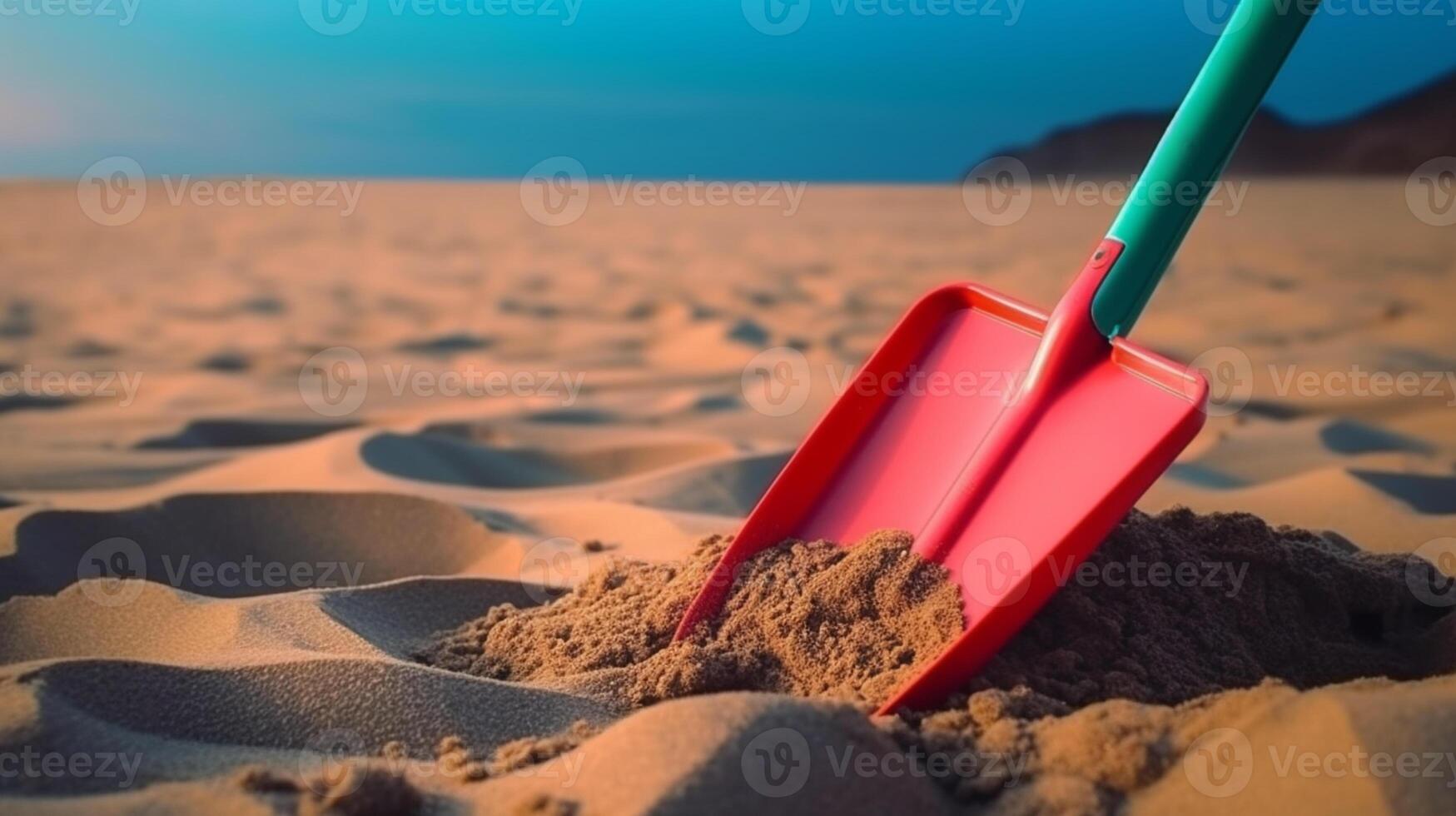 juguete pala a el playa. verano a el mar. haciendo arena castillo. ai generado.. foto