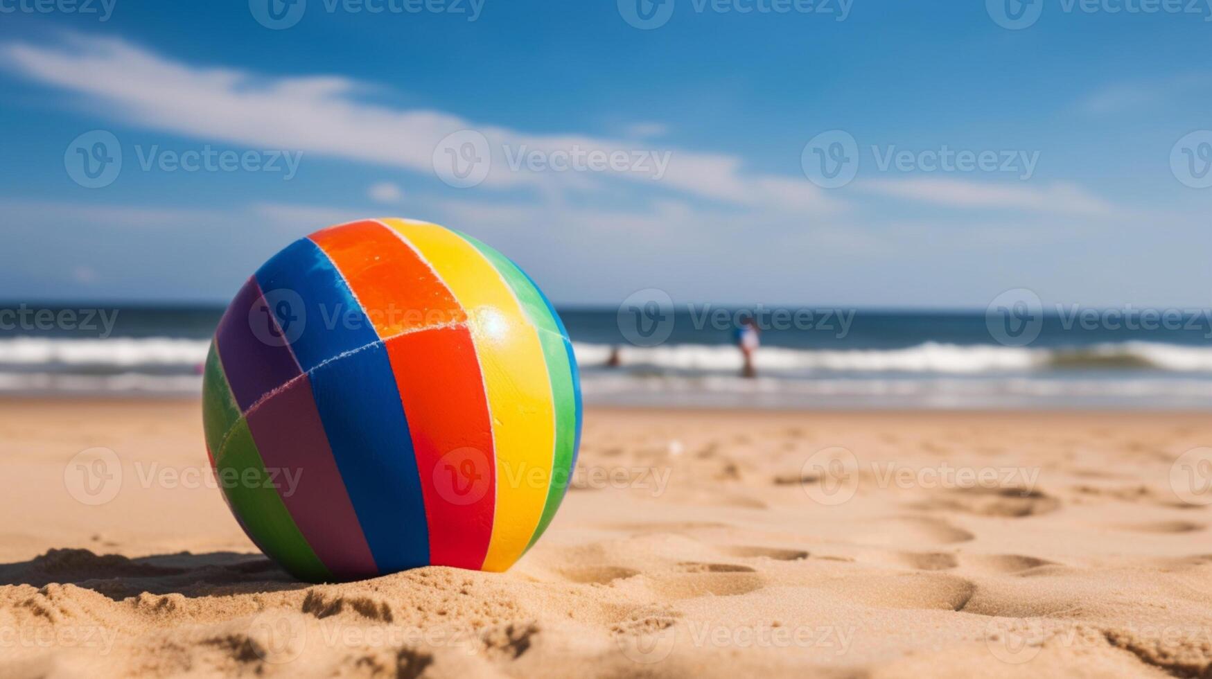 vistoso playa pelota en el arena playa a el mar. caliente verano vacaciones. generativo ai foto