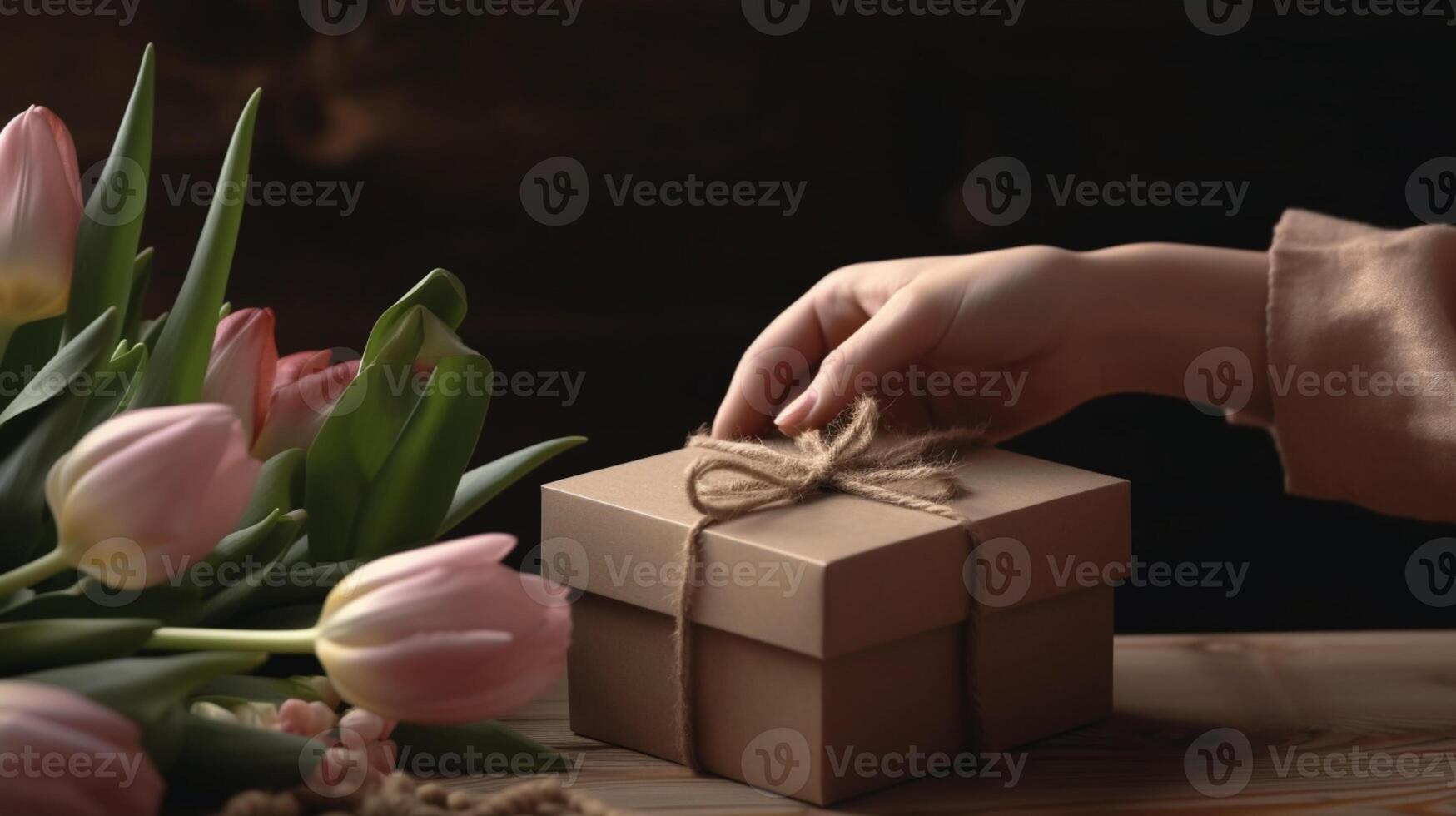 Present for mother. Unwrapping present for mother's day. Celebration of mothers day. . photo