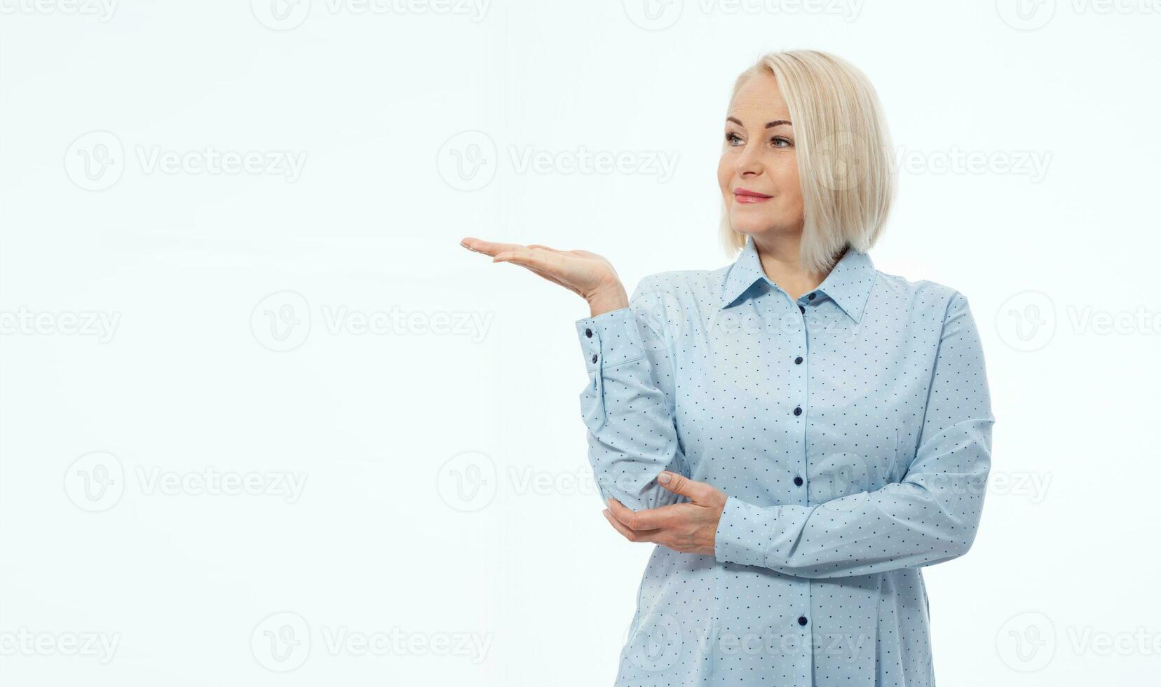 Business lady hold open hand new product open palm empty space sales manager wear specs shirt isolated white background photo