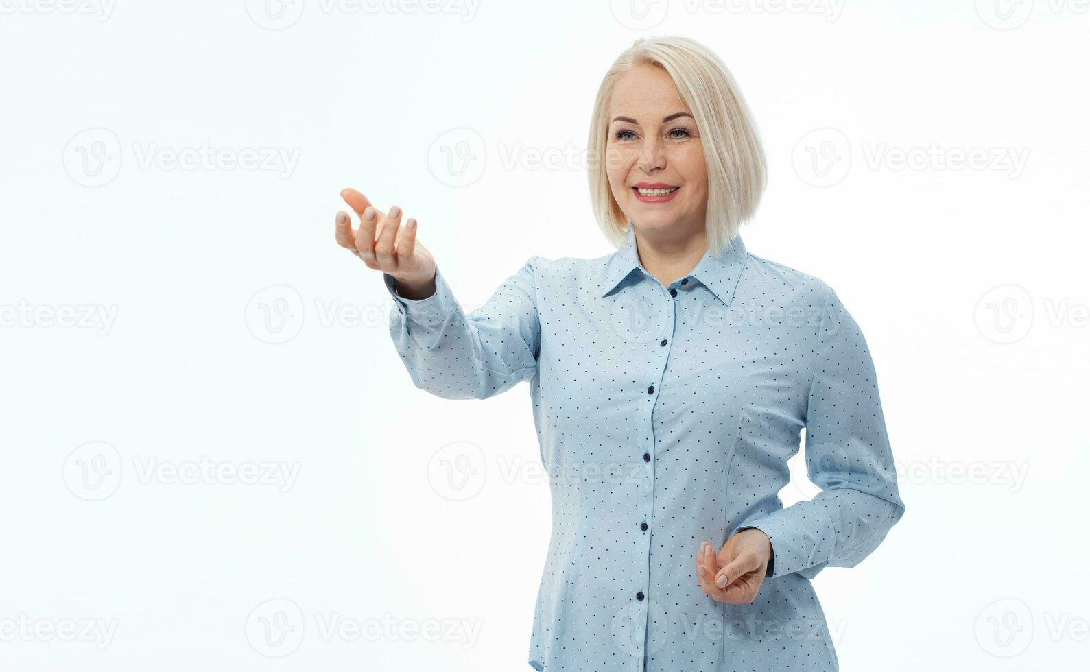 Business lady hold open hand new product open palm empty space sales manager wear specs shirt isolated white background photo