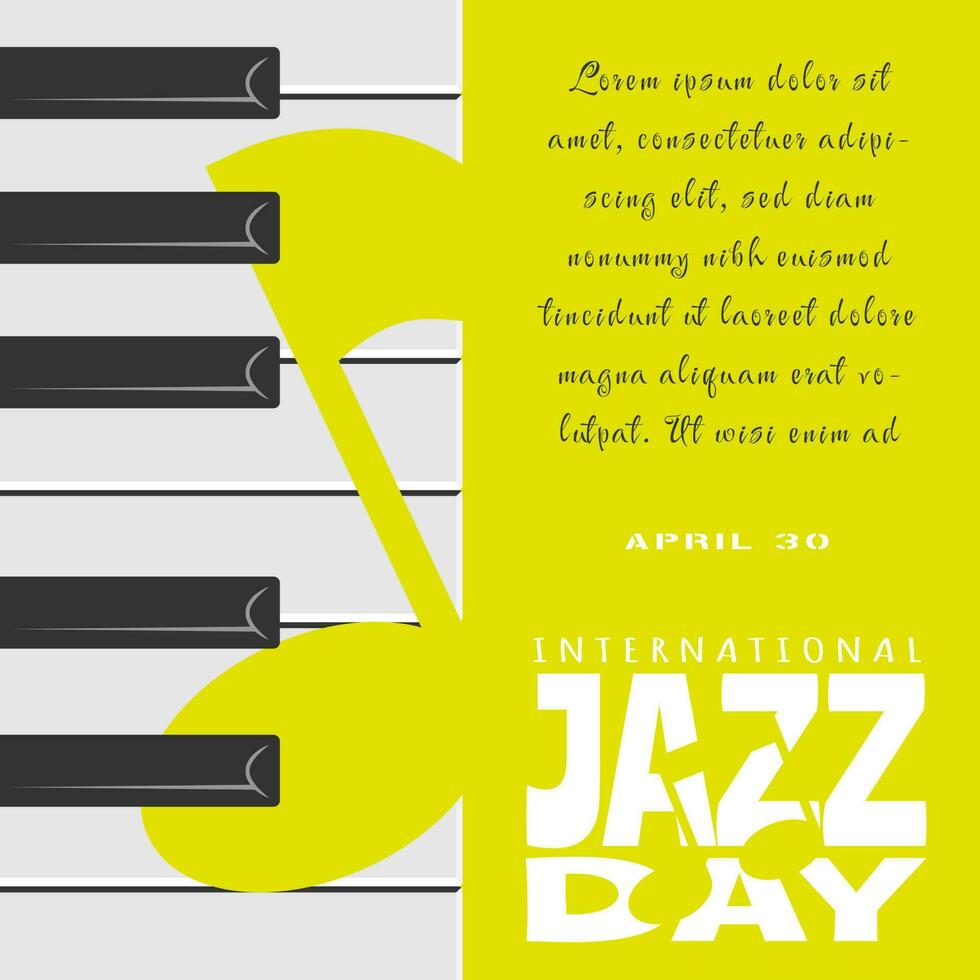 International Jazz Day greetings with piano keys and silhouette of musical note vector