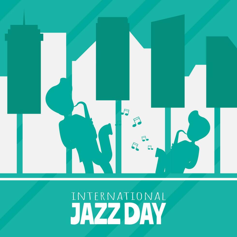 International Jazz Day greetings with the silhouette of a saxophone player in the middle of town shaped like piano keys vector