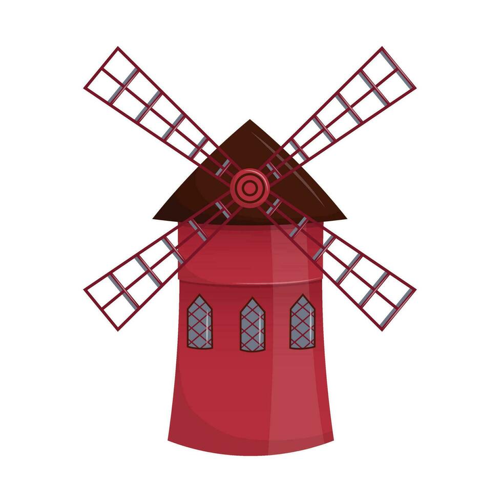 French landmark - red windmill in Paris. Cabaret Moulin Rouge. Flat vector illustration. Isolated on white background.