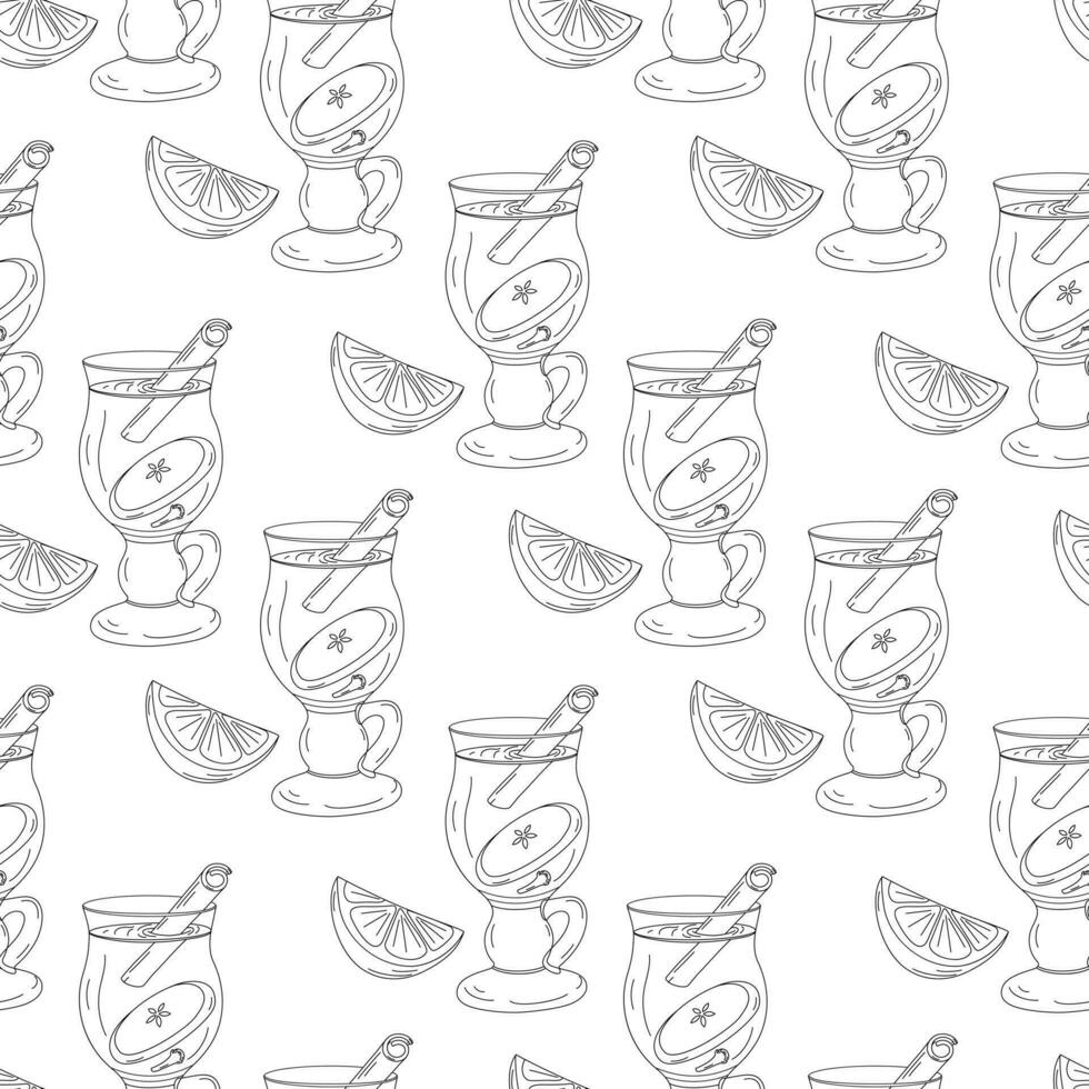 Seamless pattern of a glass cup with mulled wine, lemon and apple slices and cinnamon stick. Vector