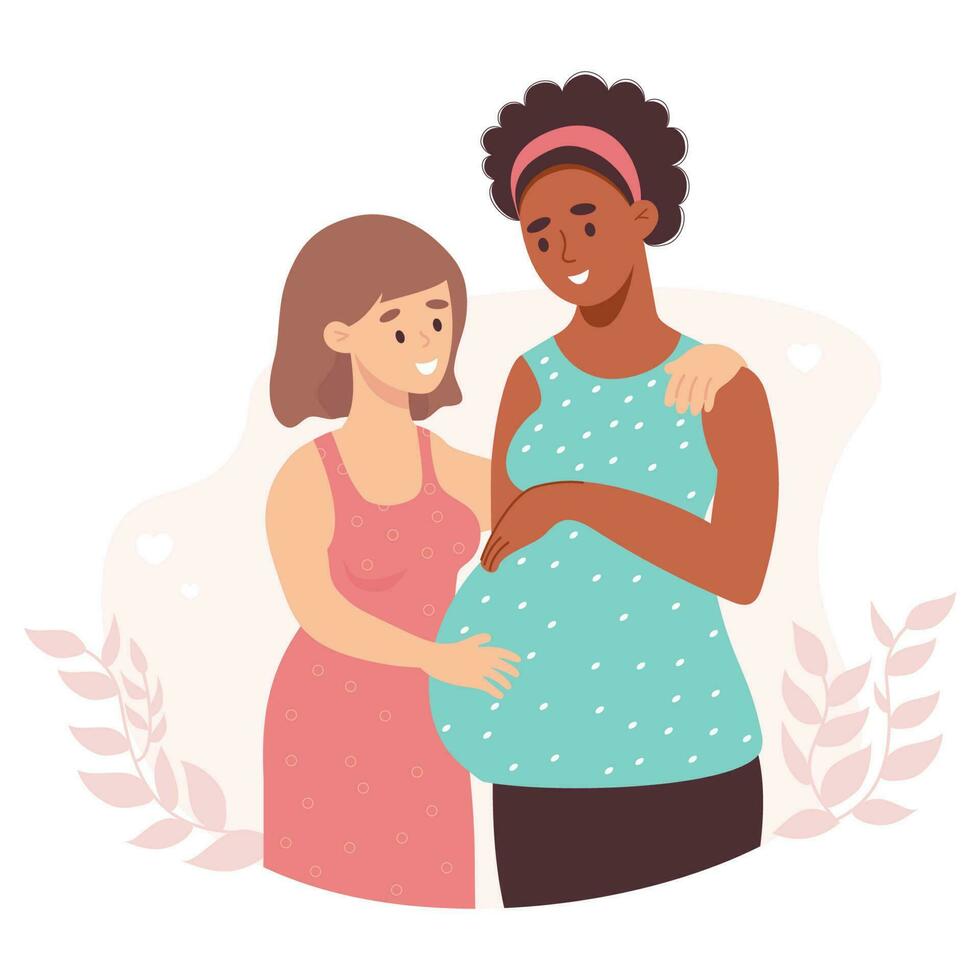 Happy LGBT family. multiracial lesbian family. light-skinned girl with pregnant ethnic black woman. Vector illustration in flat cartoon style. concept of gender relations, surrogate motherhood.