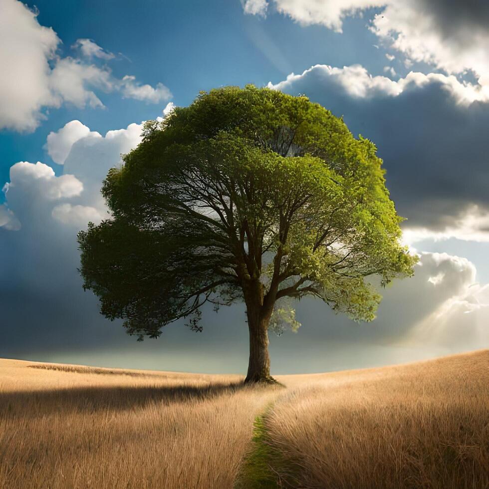 isolated tree growing in the cloud surrounded by grasses photo