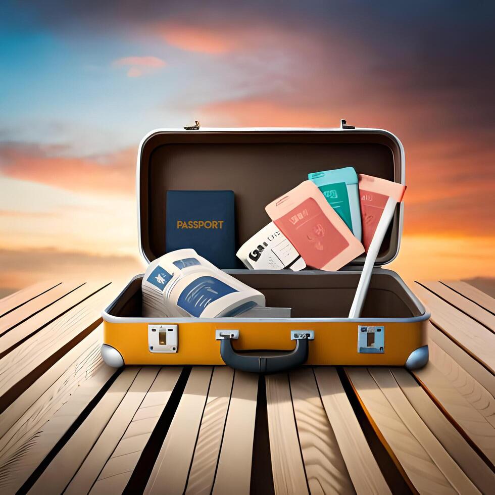 travel concept with open luggage, passport and tickets photo