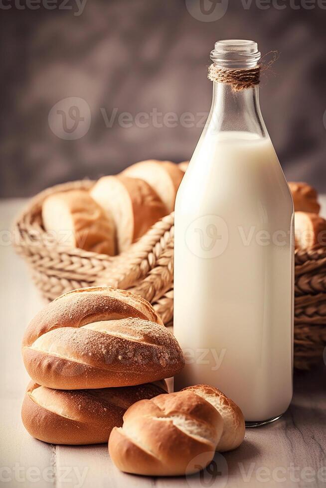 A bottle of milk with bread AI Generate photo