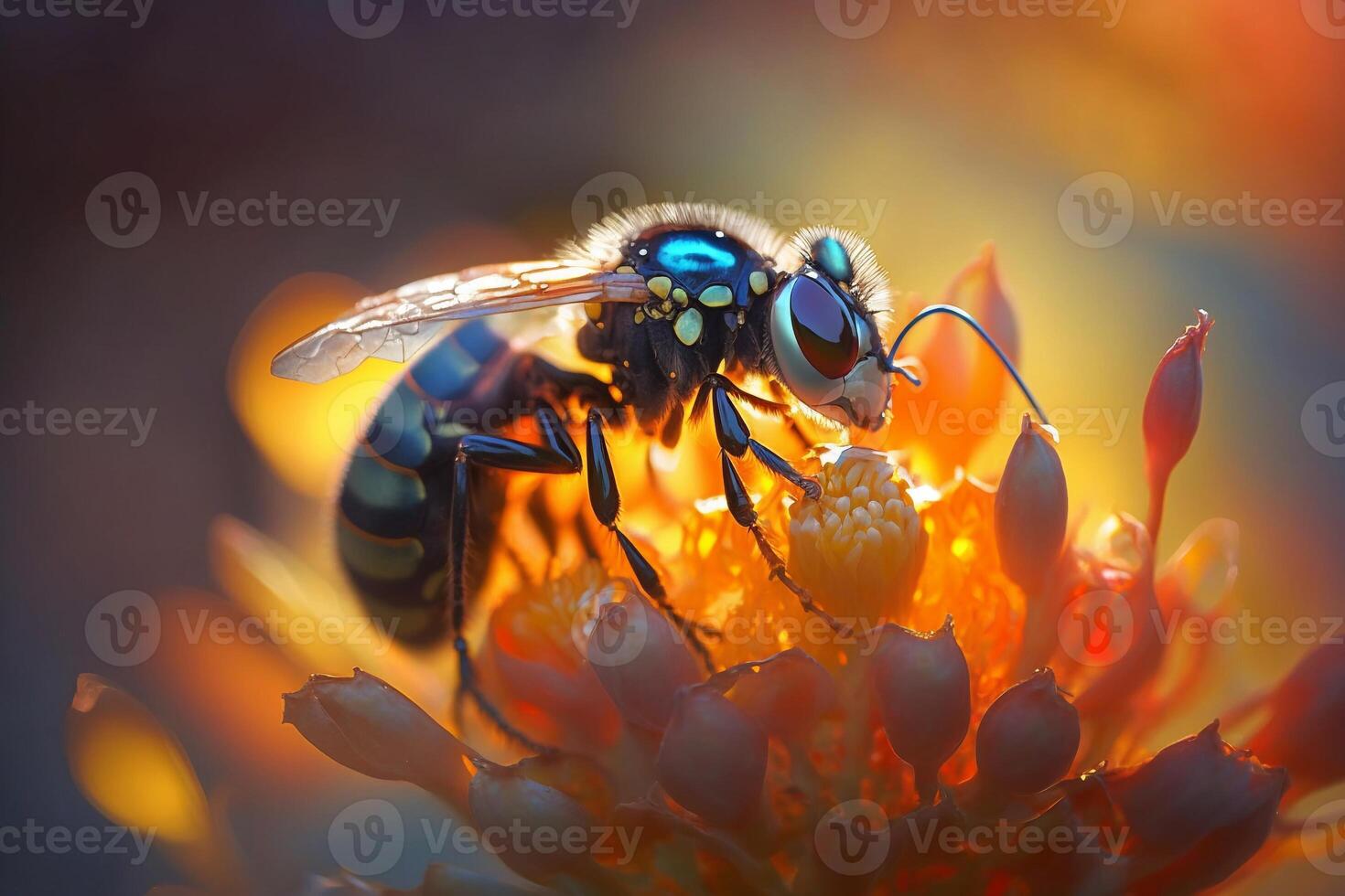 Portrait macro bee on the flower AI Generate photo