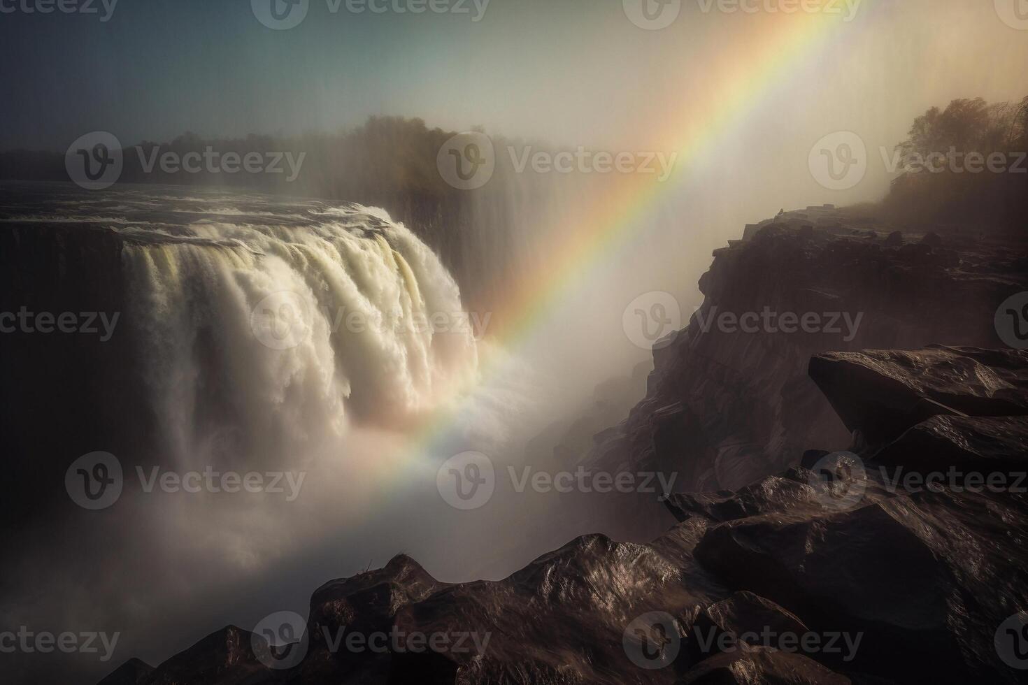Waterfall in the forest with light exposure AI Generate photo