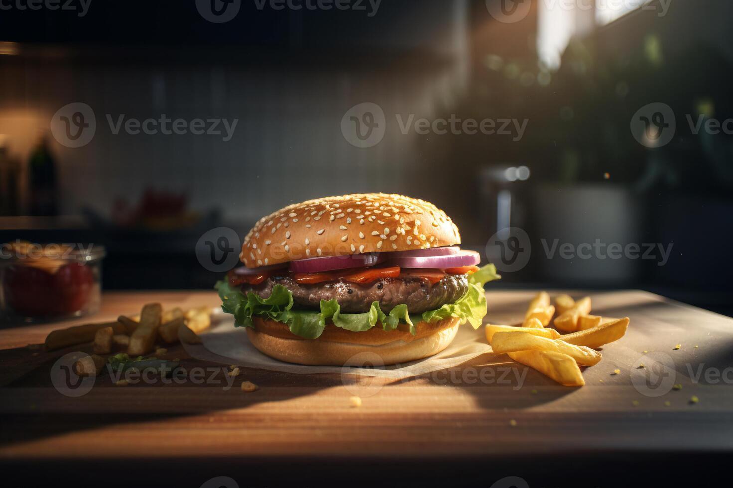 Delicious Burger on the table AI Generate photo