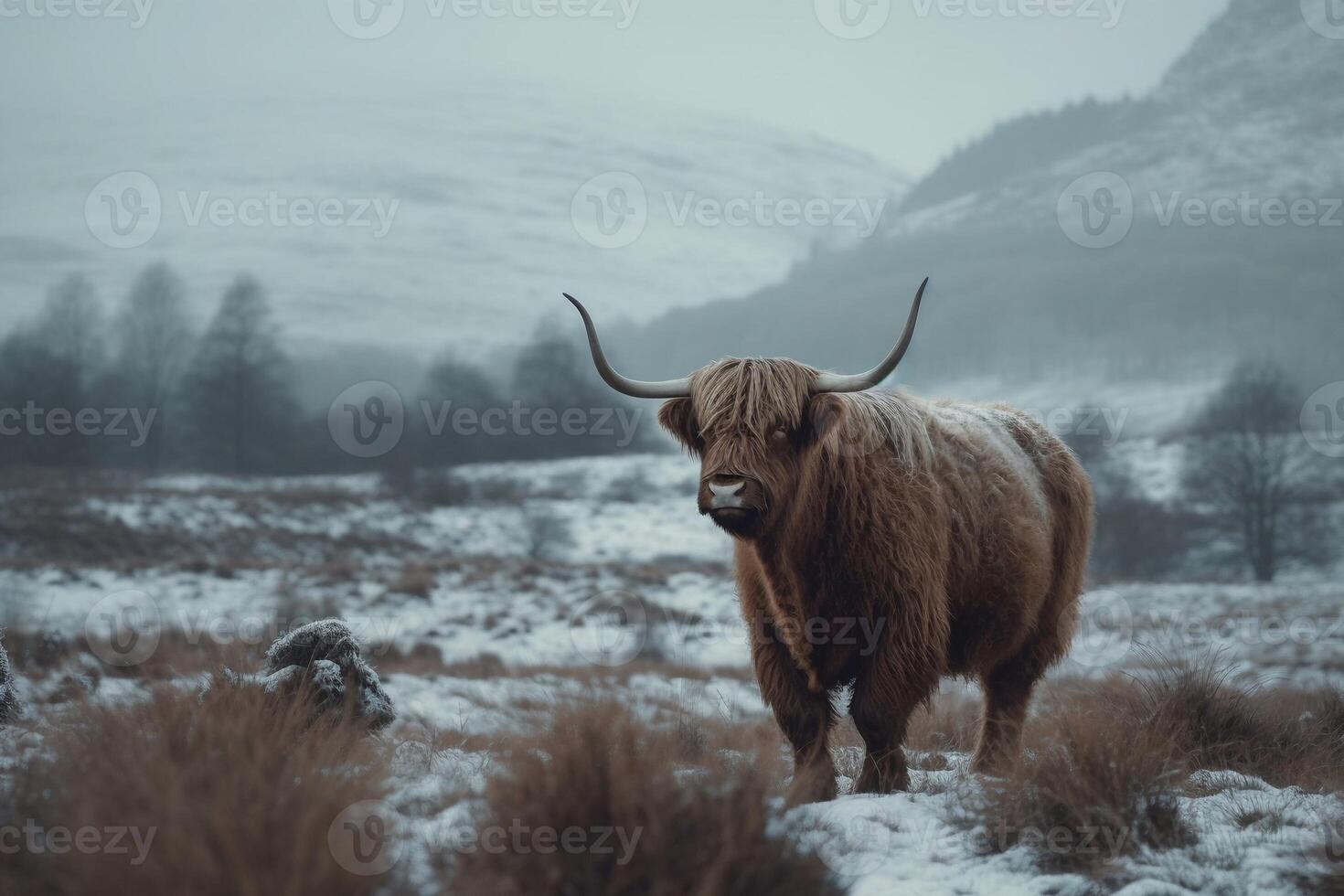 Highland cow in winter AI Generate photo