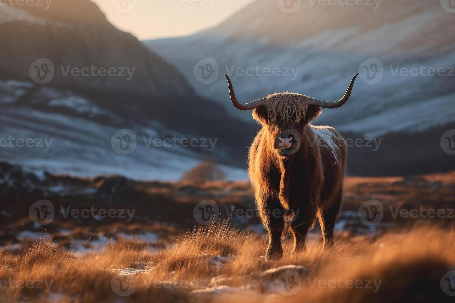 Highland cow in winter AI Generate photo