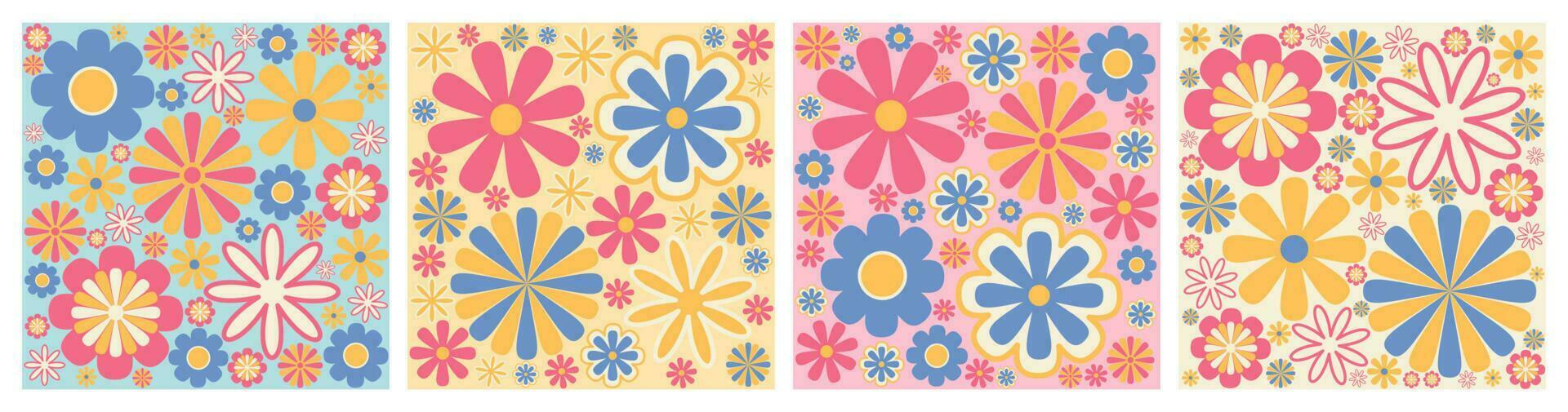 Abstract retro aesthetic backgrounds set with groovy daisy flowers. Vintage floral mid century art prints. Hippie 60s, 70s, 80s style. Danish pastel wall art. vector