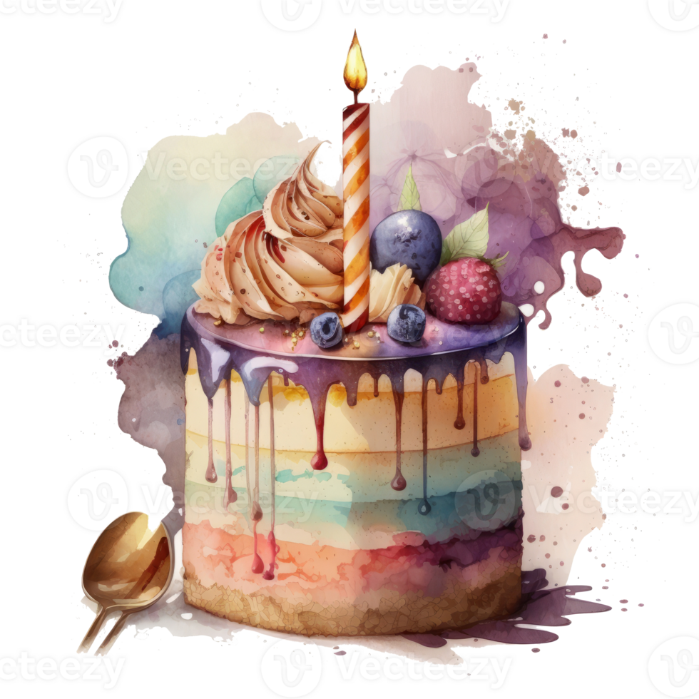 Watercolor Birthday cake isolated. Illustration png