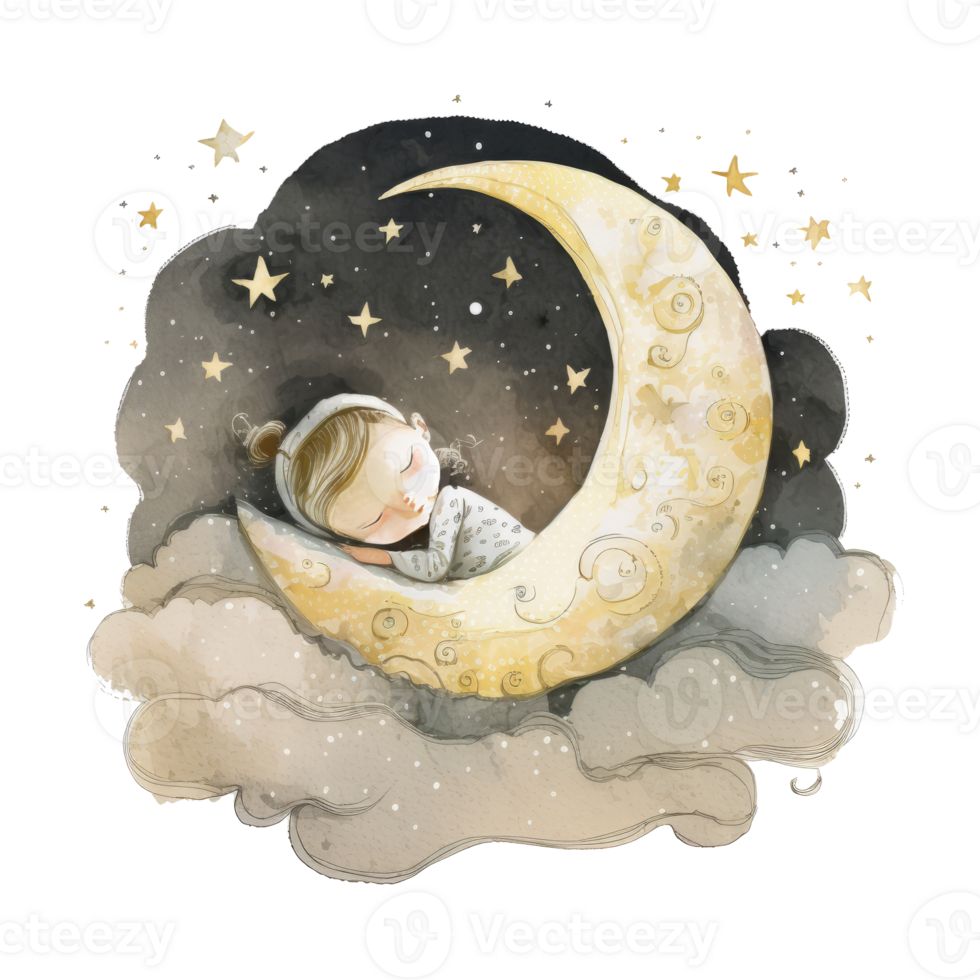 Watercolor cute sleeping baby on moon. Illustration png