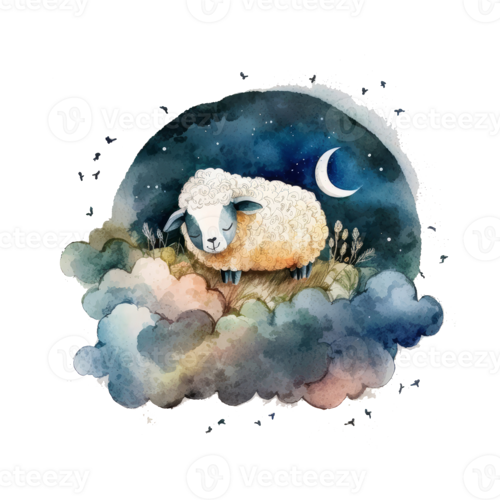 Night cute watercolor sheep. Illustration png