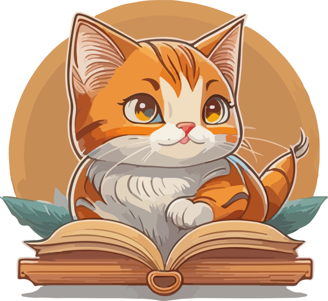 schattig weinig kat mascotte met boek logo ontwerp ai generatief png