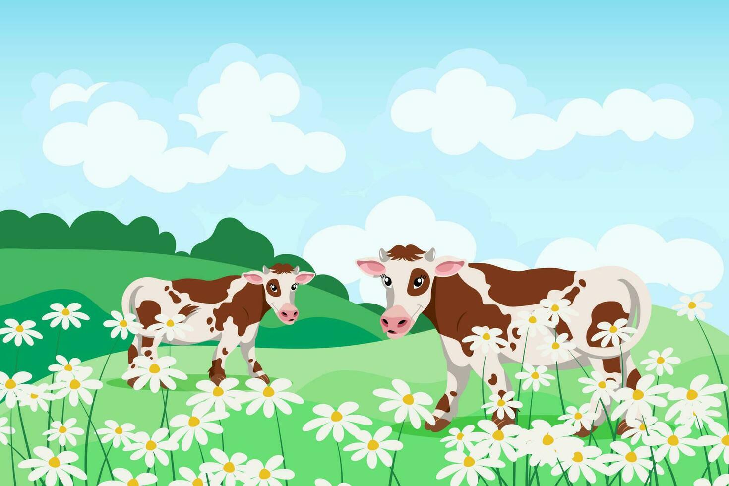 Cute spotted cows in a field of daisies, summer landscape. Poster, banner, illustration, vector