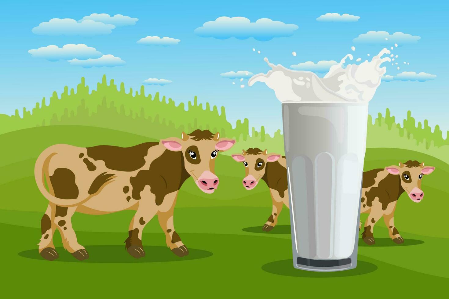 manchado vacas en el prado y un vaso con Leche chapoteo, paisaje. póster, bandera, ilustración, vector