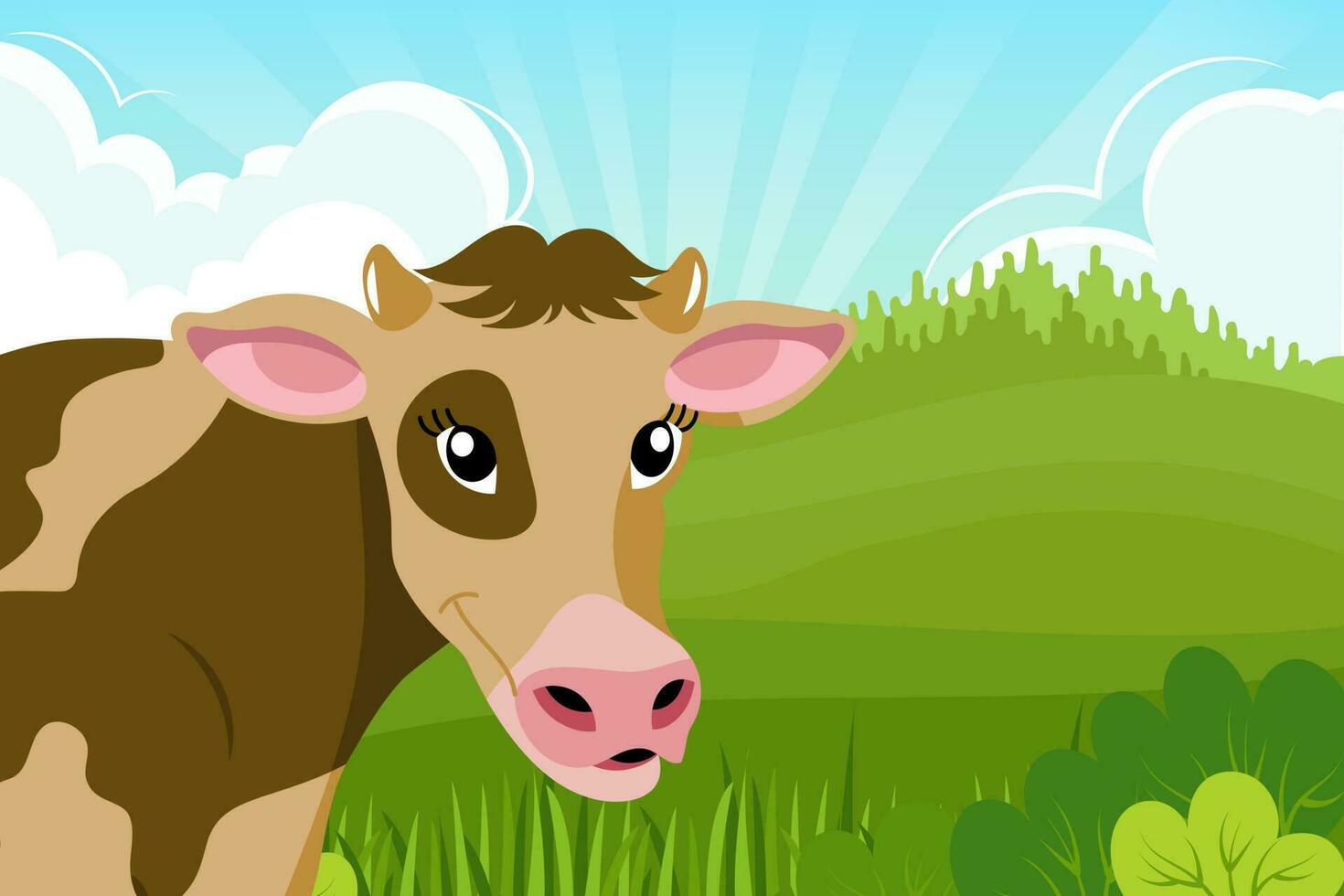 Cute spotted cow is smiling on the background of a summer landscape. Illustration for children, vector