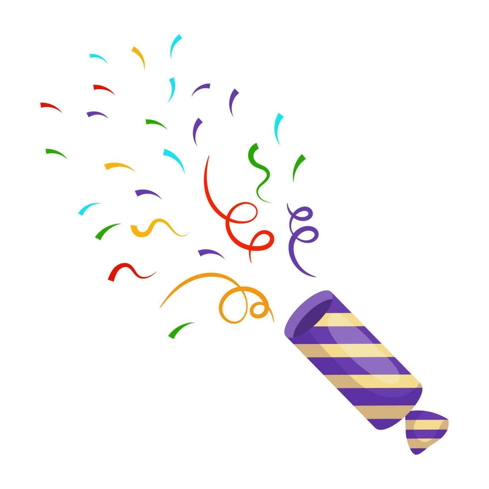 Exploding party popper with ribbons, confetti and serpentine. Holiday icon, vector