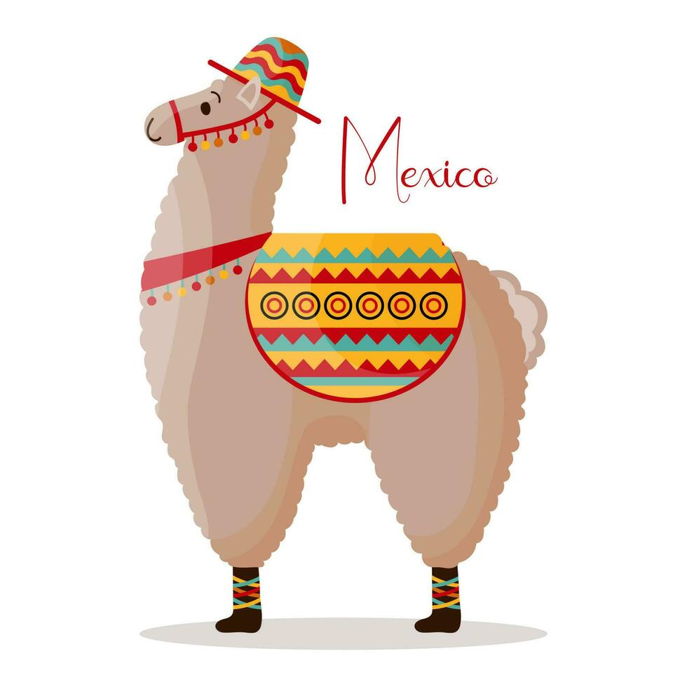 Cute llama in a hat with a saddle, mexican alpaca. Symbol of Mexico and Peru. Illustration, vector