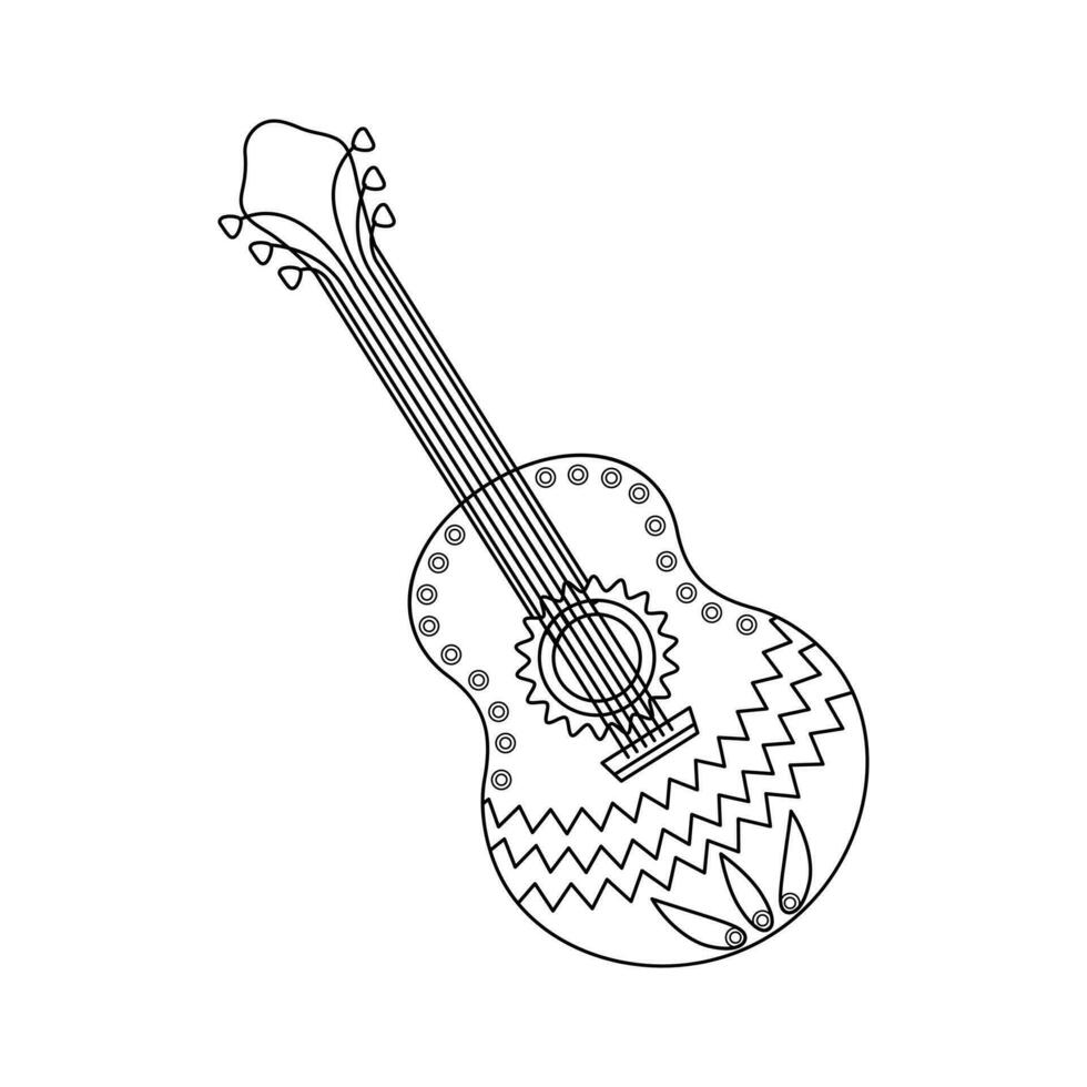 Mexican vintage guitar with ornaments. National symbol of Mexico. Illustration, sketch for coloring, vector