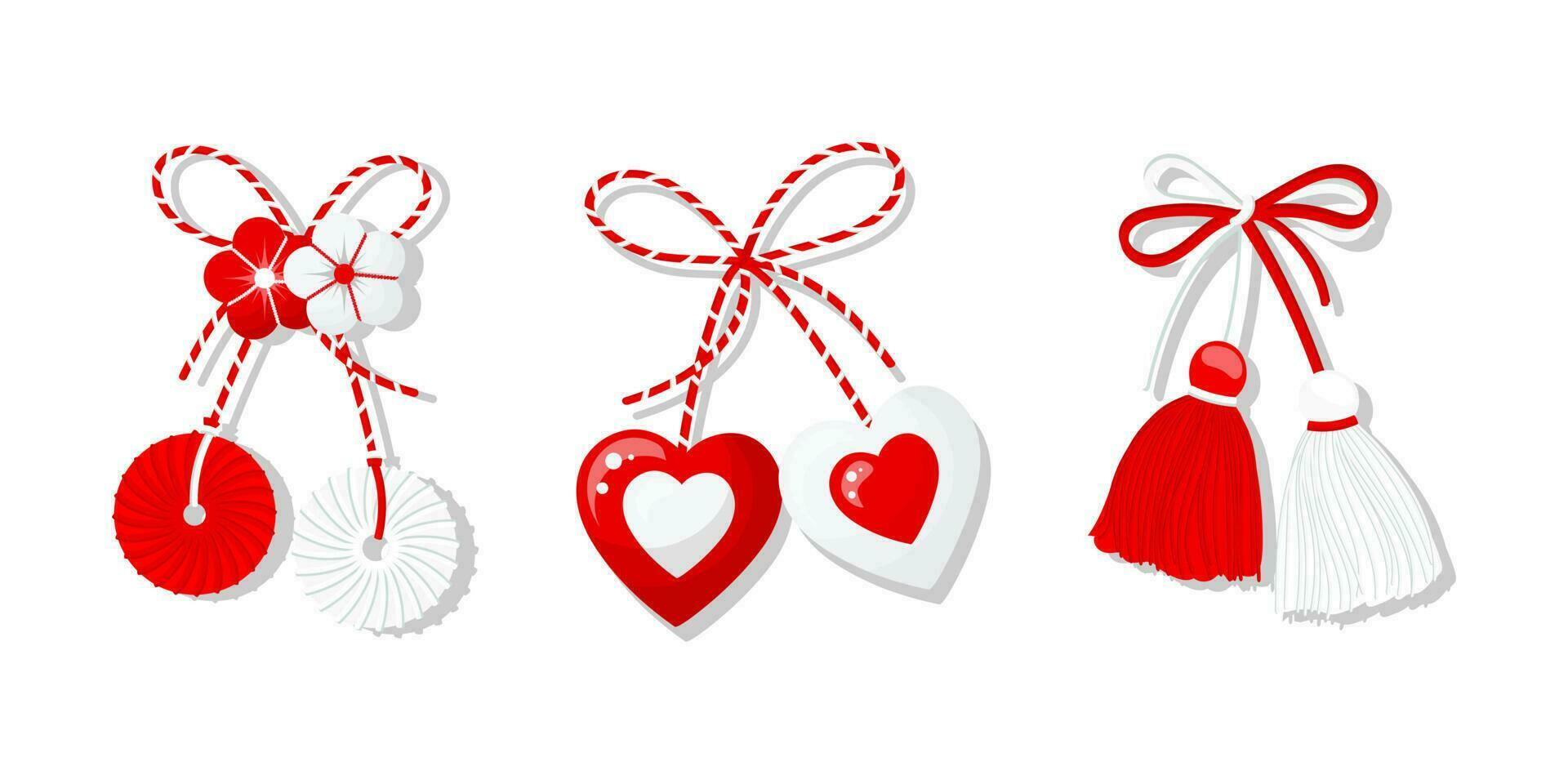 Martisor set, red and white symbol of spring. Traditional spring holiday in Romania and Moldova. Symbols, talismans, icons, vector