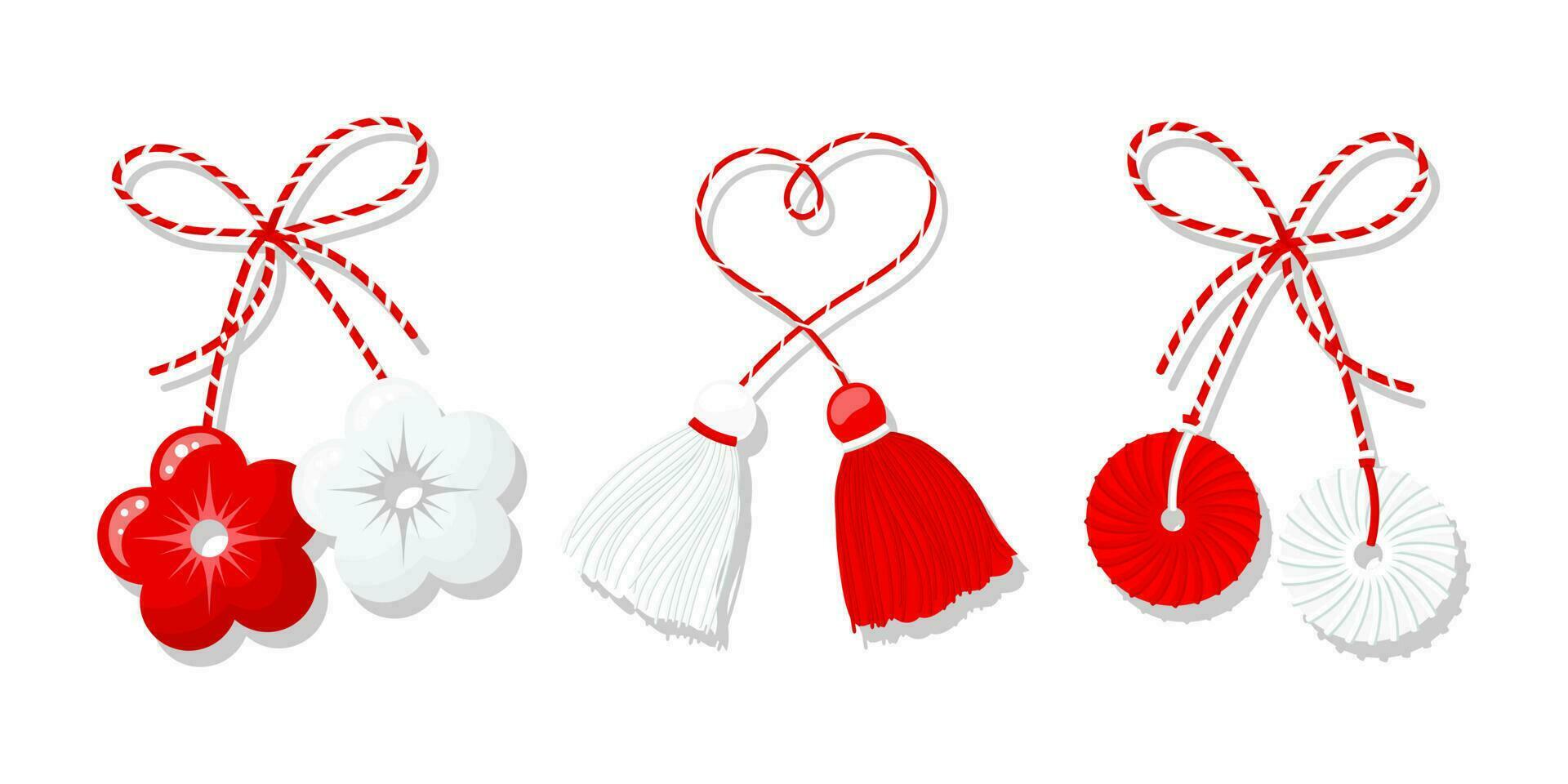 Martisor set, red and white symbol of spring. Traditional spring holiday in Romania and Moldova. Symbols, talismans, icons, vector