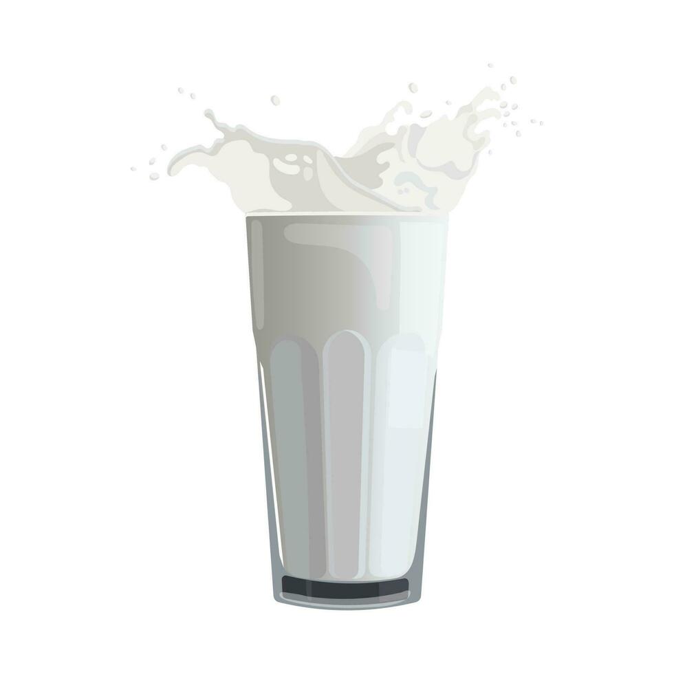 Glass with milk and milk splash on a white background. Healthy drink icon, illustration, vector