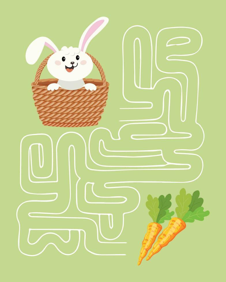 Maze game, rabbit in a basket of Easter eggs and carrots. Children's educational puzzle. Illustration, vector