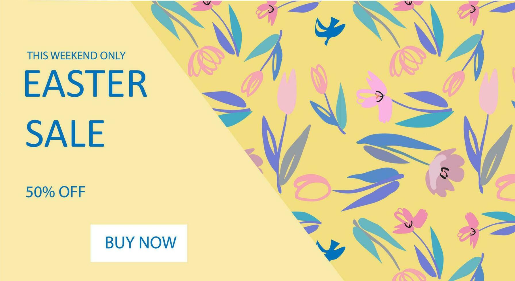 Vector template of easter sale banner with tulips on the yellow background. For design of flyers with discount offers.