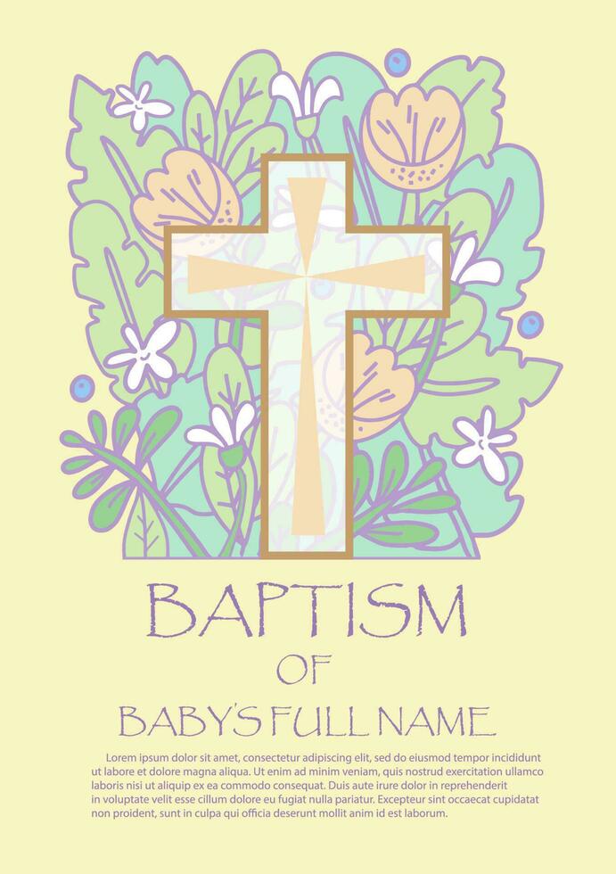 baptism invitation template Design with Cross and flowers in Vector