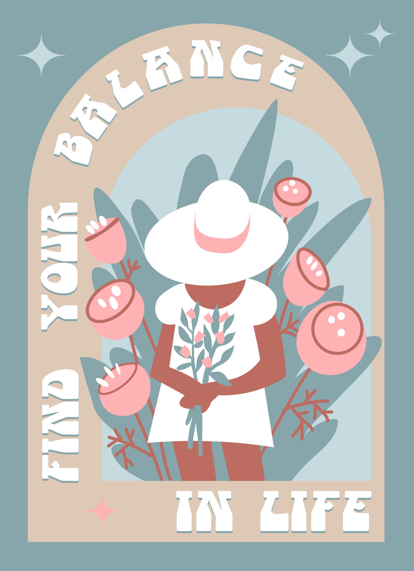 Find your balance in life concept , Positive thinking, self care, healthy  slow lifestyle. Well-being, healthy mind. Girl in a hat holding a bouquet  of flowers. Cartoon flat vector illustration 23286319 Vector