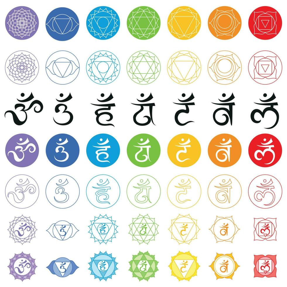 íconos de símbolos y mantra de Siete chakras vector