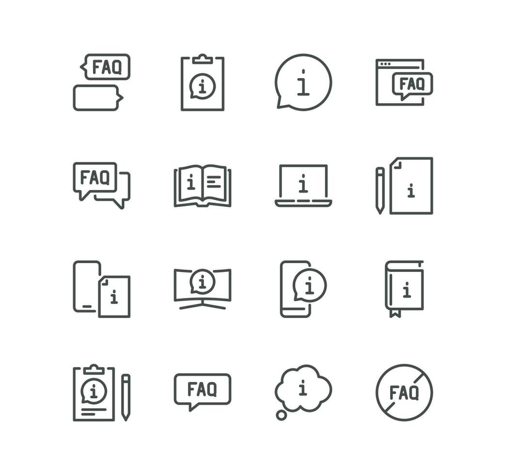 Set of info and help desk realted icons, privacy policy, manual, rule, instruction, inform, guide, reading, info center and linear variety vectors. vector