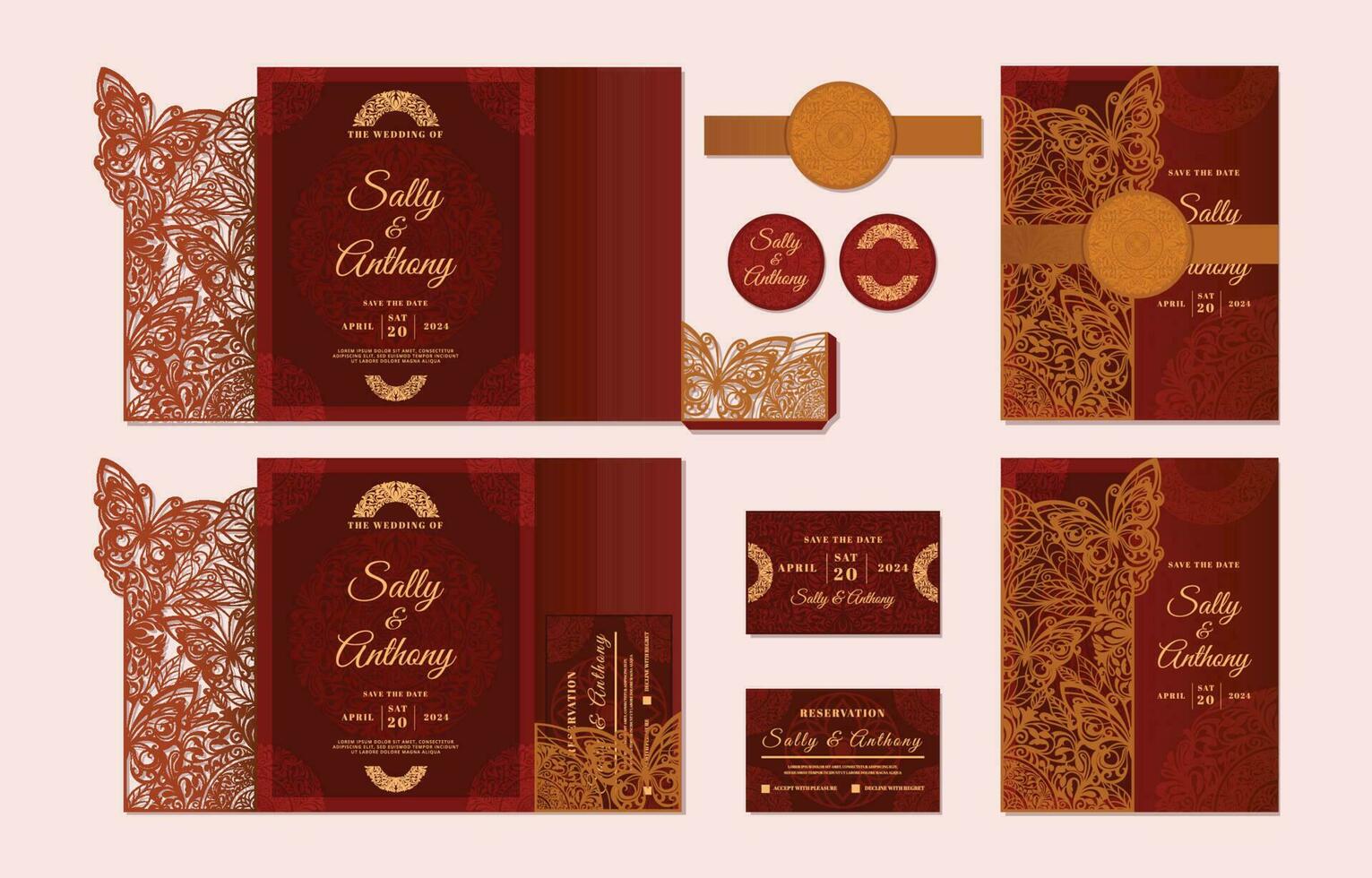 Laser Cut Wedding Invitation With Butterfly and floral Template vector