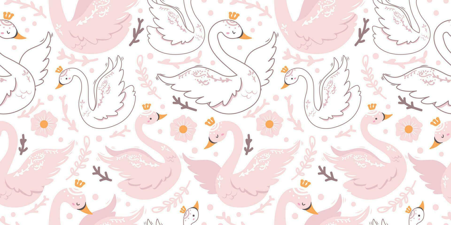 Swan and Flowers Themed Seamless Pattern vector