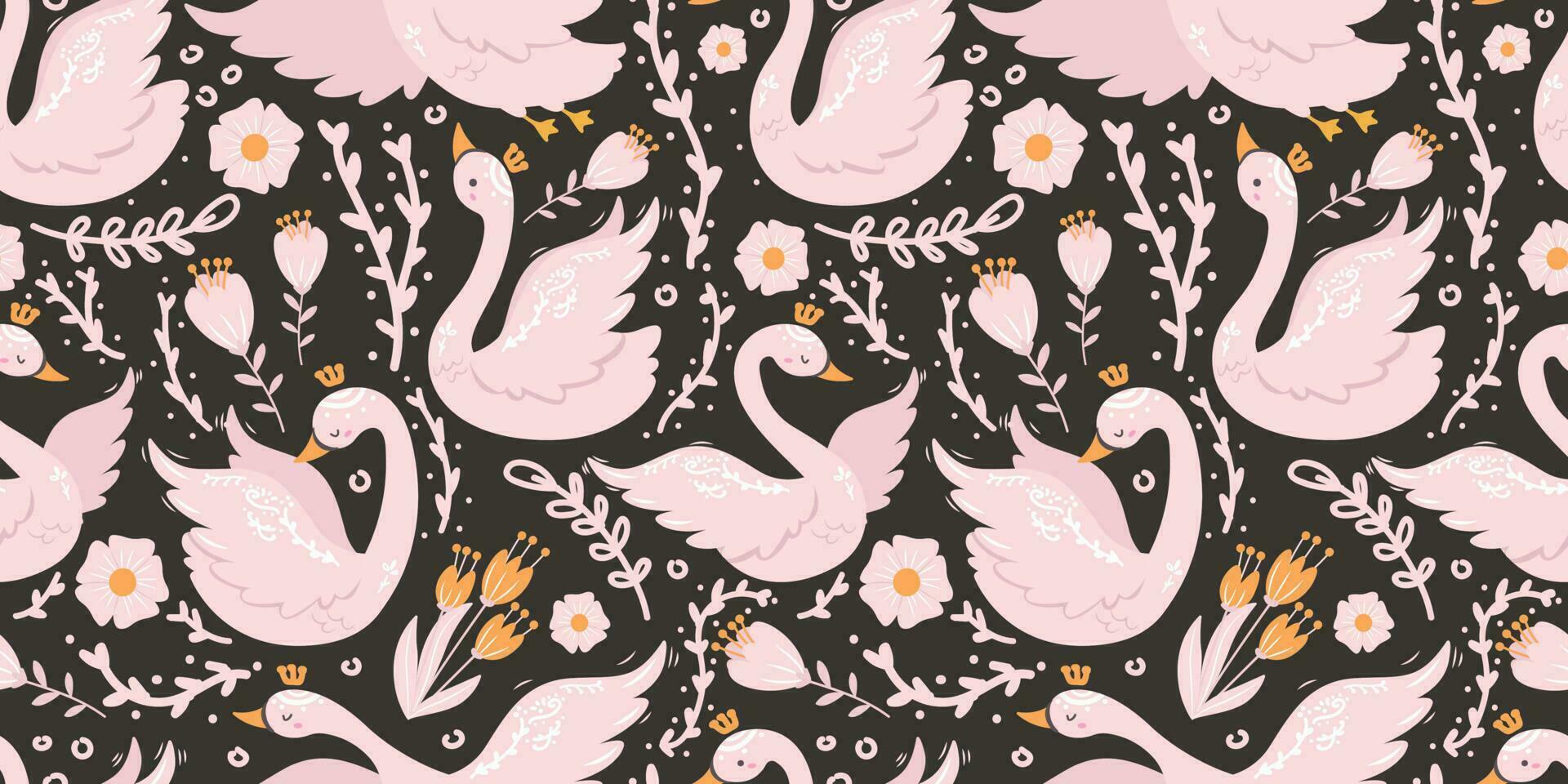 Swan and Flowers Themed Seamless Pattern vector