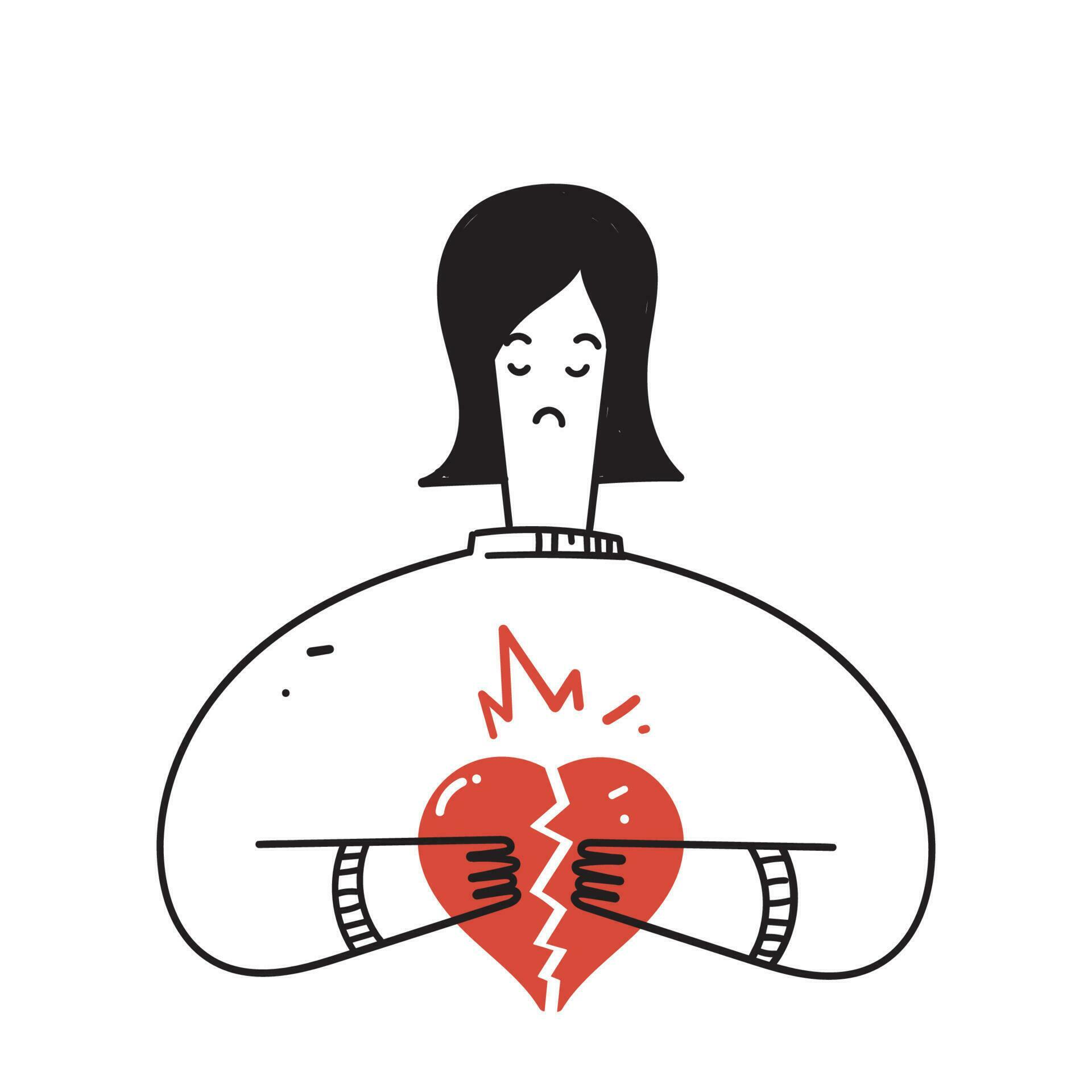 hand drawn doodle person holding broken heart illustration vector