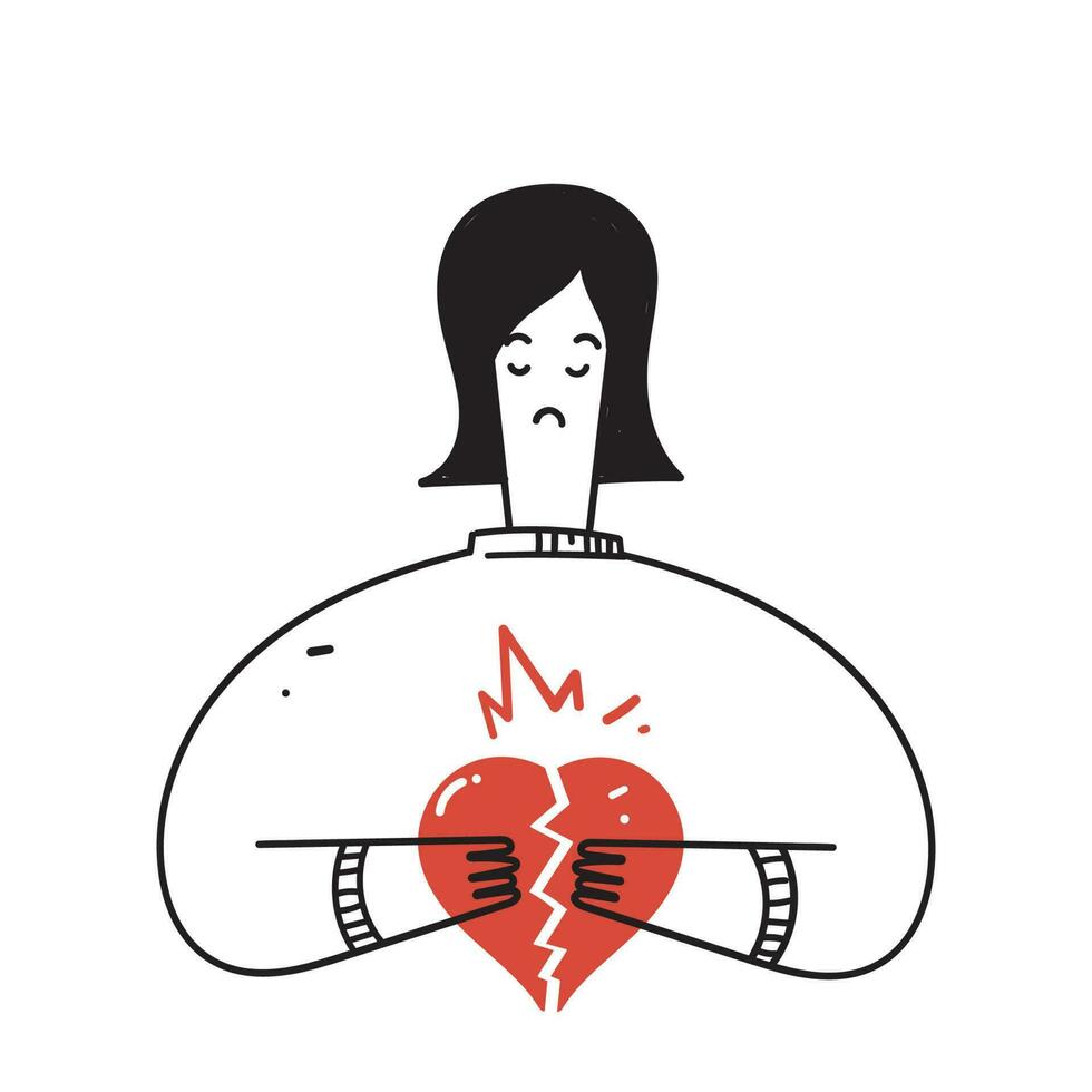 hand drawn doodle person holding broken heart illustration vector